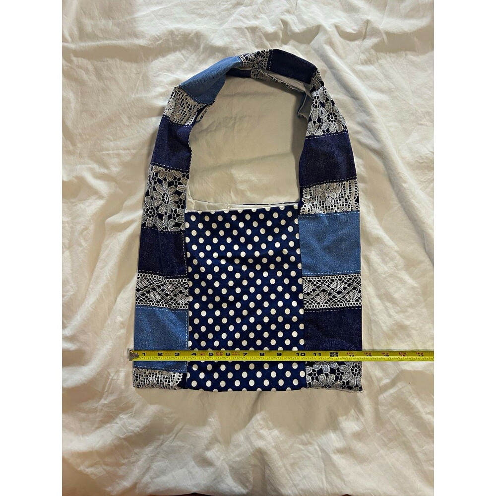 Handmade Blue White Patchwork Polka Dot Shoulder Bag Lace Accents Lined